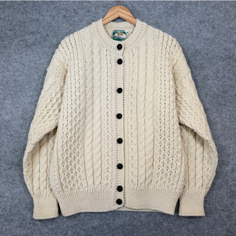Vintage Gaeltarra Ireland Wool Cable Knit Aran Cardigan Sweater Medium EUC